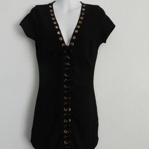 Monaco bronze grommeted lace up poly spandex cap sleeve shirttail hem dress